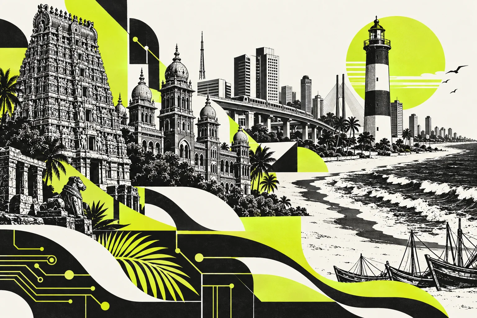 Graphic illustration of Chennai architecture meeting abstract technological forms